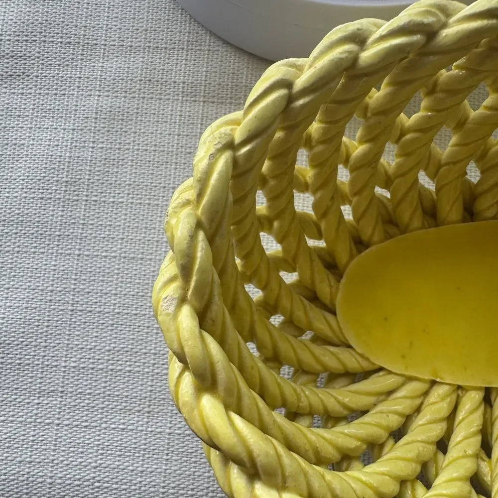 Spanish Yellow Woven Porcelain Basket with Handle and Flowers